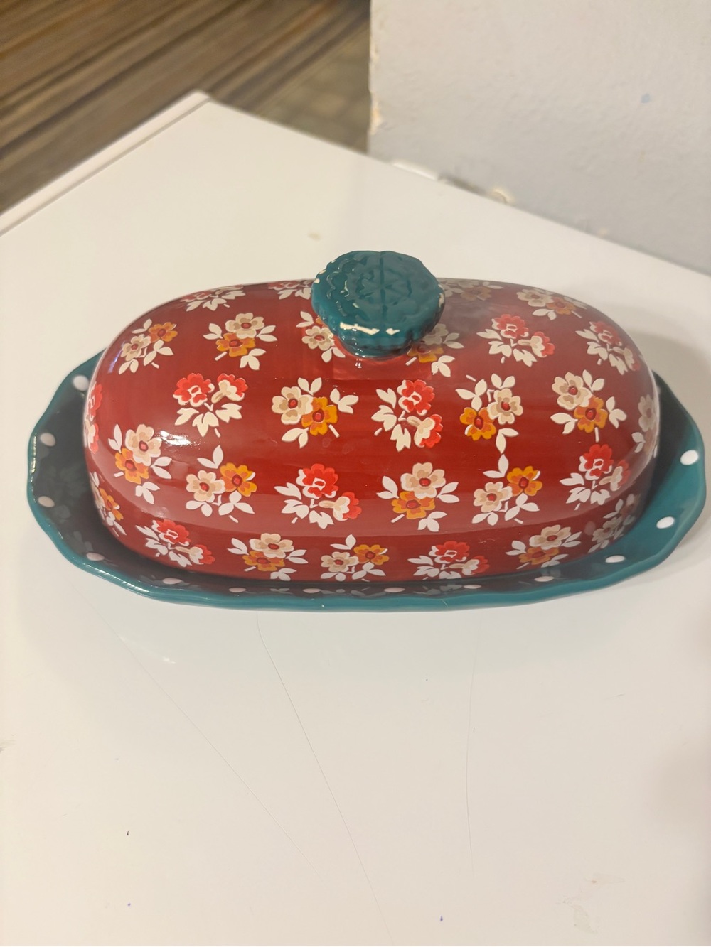 The Pioneer Woman Red Floral Ceramic Butter Dish with Teal Base